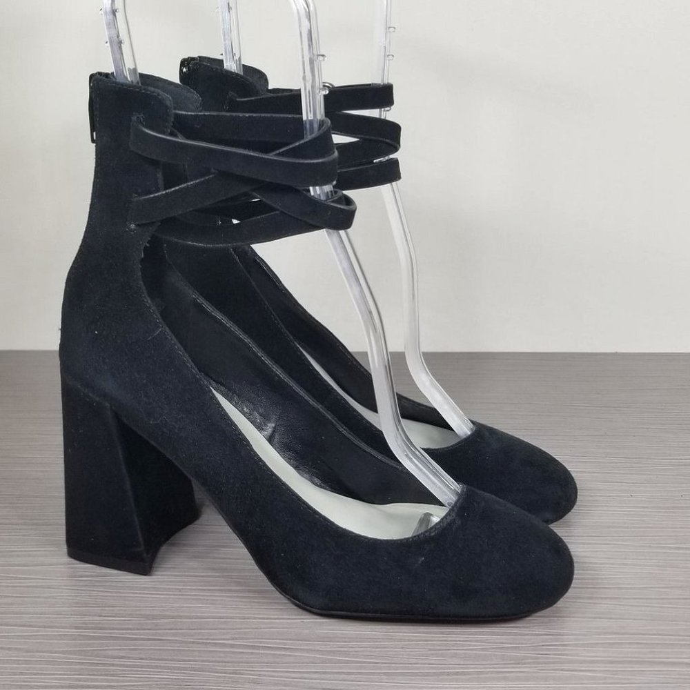 1.STATE Makal Flared Heel Wraparound Pump, Black Textile, Womens Size 6  & 9.5